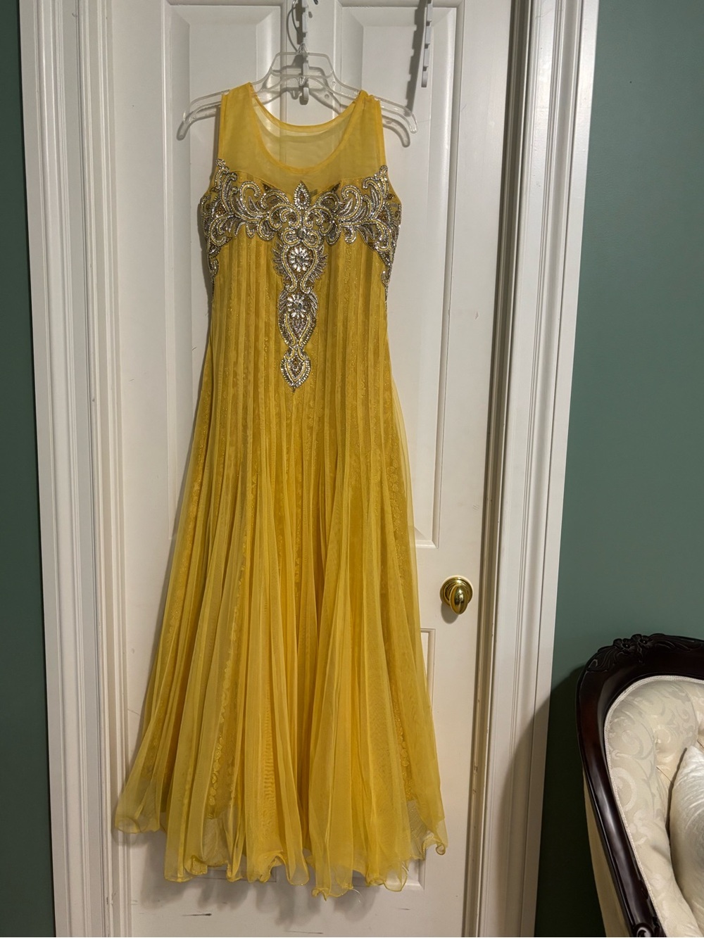 Sika brand Yellow Mesh Evening Gown with Silver size 38 bust length 58 inch